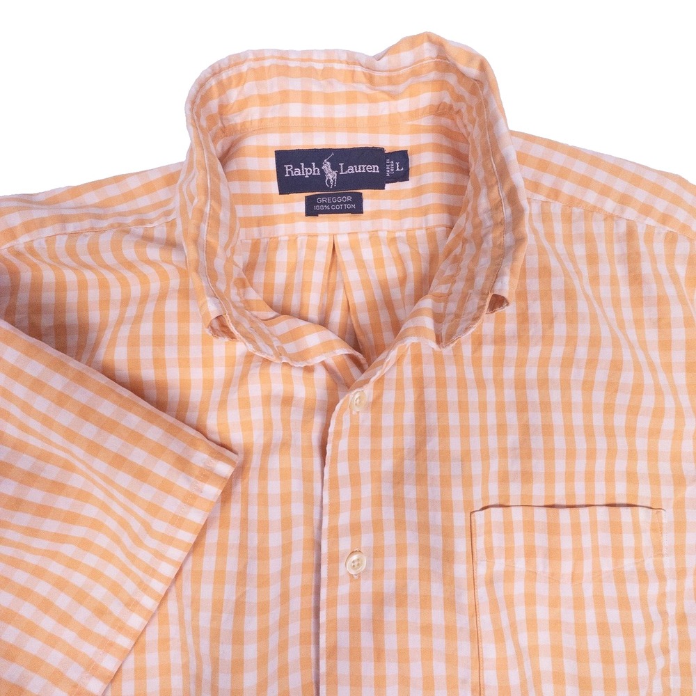 Polo Ralph Lauren Greggor Shirt Mens L  Short Sleeve Peach Gingham Check - FLAWS